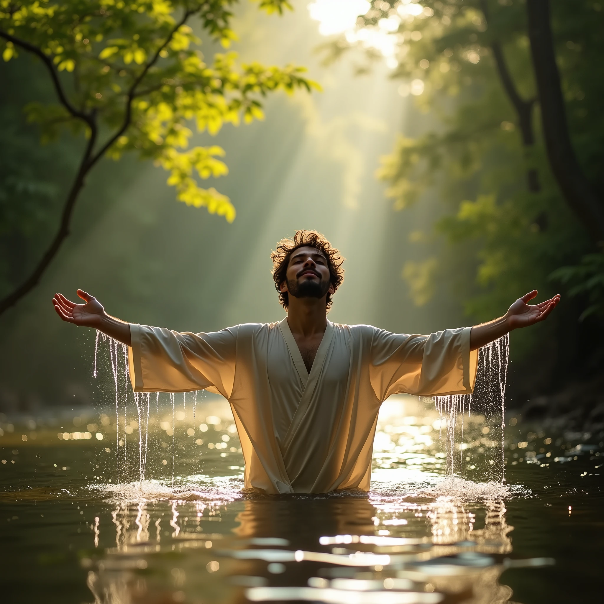person being raised from the water at the moment of his baptism