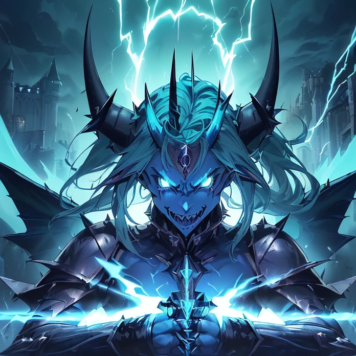 (High Resolution, HD, High Quality), (Super Detailed, High Details), (Masterpiece), (Anime, Anime Style), (Character Design), high fantasy, epic dark demonic fantasy)(detailed background)(chaos)(warhammer aesthetic)
{{evil giant demon prince:(((blue demon skin, blue demon head, spiky yellow teeth, blue muscular neck, blue pointy demon ears, blue big demon electric wings, long demon pointy blue tail, vampire nose, long firm hornes, cull of electric demonic powerspiky jaw, evil demon laughter, (green demon armor, green shoulder plates, green hip armor, big electric demon sword,(electricity and lightning around the castle ruins)(menacing dictator pose, rising his sword up))}}