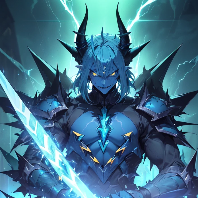 (High Resolution, HD, High Quality), (Super Detailed, High Details), (Masterpiece), (Anime, Anime Style), (Character Design), high fantasy, epic dark demonic fantasy)(detailed background)(chaos)(warhammer aesthetic)
{{evil giant demon prince:(((blue demon skin, blue demon head, spiky yellow teeth, blue muscular neck, blue pointy demon ears, blue big demon electric wings, long demon pointy blue tail, vampire nose, long firm hornes, cull of electric demonic powerspiky jaw, evil demon laughter, (green demon armor, green shoulder plates, green hip armor, big electric demon sword,(electricity and lightning around the castle ruins)(menacing dictator pose, rising his sword up))}}