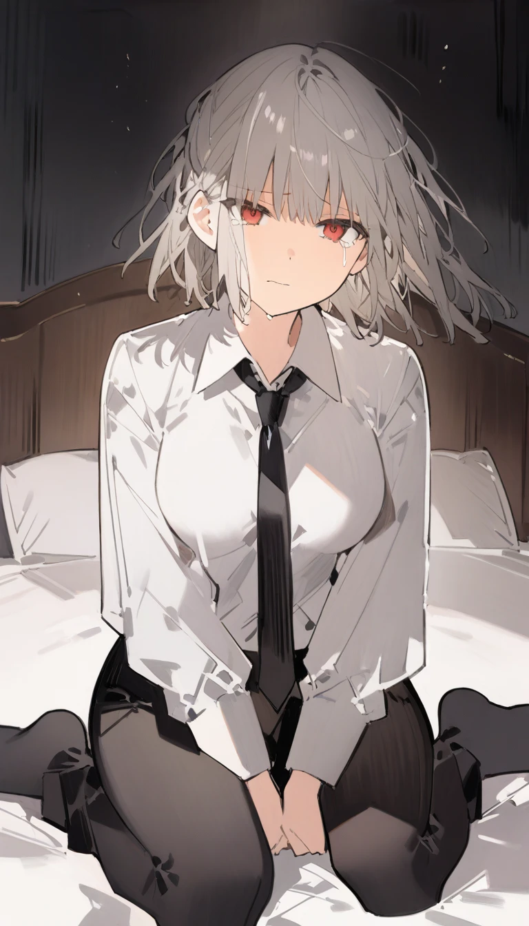 score_9, score_8_up, score_7_up, source_anime, 1girl, red eyes, room, wariza, short haircut, ponytail, grey hair, cry face, portrait, blazer, starshadowmagician, solo, Adult woman, best perfect anatomy, thin, curvy body, medium breasts, curvy body, close up shot on person suffering from anxiety, a woman showing sadness, lonely woman, a woman sitting in bed, white shirt, black tie, Long-sleeved shirt, black trousers, dynamic angle. no light source, dark background, night days, dark hotel bedroom background, 