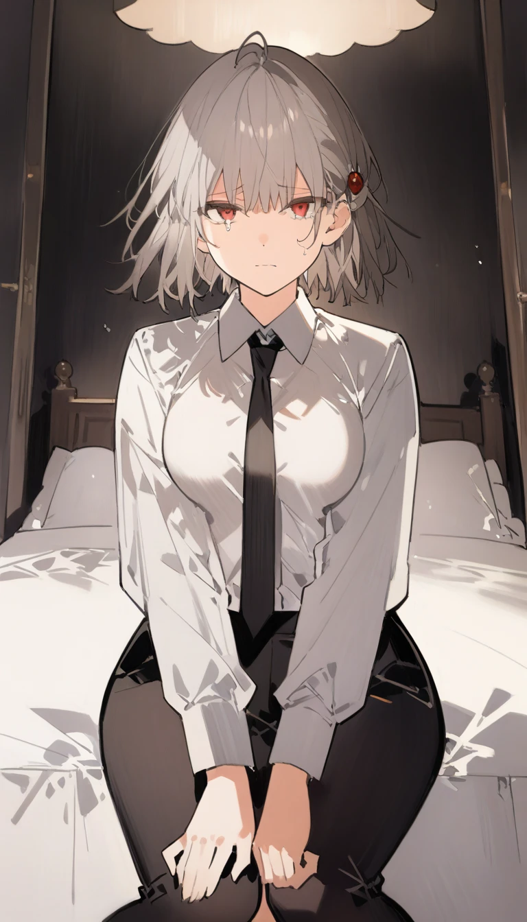 score_9, score_8_up, score_7_up, source_anime, 1girl, red eyes, room, wariza, short haircut, ponytail, grey hair, cry face, portrait, blazer, starshadowmagician, solo, Adult woman, best perfect anatomy, thin, curvy body, medium breasts, curvy body, close up shot on person suffering from anxiety, a woman showing sadness, lonely woman, a woman sitting in bed, white shirt, black tie, Long-sleeved shirt, black trousers, dynamic angle. no light source, dark background, night days, dark hotel bedroom background,