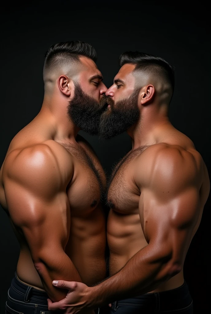 "8KUHD Very Realistic Very Detailed High Quality Create a professional studio-style photograph featuring two 45 year old men, burly, hairy, beared big daddy bear, and very realistic detailed rugged man and his husband in boxers. beards, very realistic hair, very realistic beards, very realistic thick chubby neck, very realistic neck details, very realistic neck lines, very realistic belly, very realistic chest, very realistic strong chest and arms, very realistic hairy chest and arms, very realistic pecs, very realistic burly body, very realistic nipples, very realistic burly body, very realistic face, very realistic eyes, very realistic nose, very realistic ears, very realistic facial features, very realistic arms, very realistic hands, very realistic wrists, very realistic fingers, very realistic fingernails, very realistic shoulders, very realistic mouth, very realistic lips, very realistic detailed skin, very realistic skin, very realistic mens clothing, very realistic detailed mens clothing. A very realistic man and his husband are kissing each other, very realistically kissing each other, in a very realistic romantic and virile scene. Very Realistic Intricately Detailed, Utilize all appropriate lighting techniques for studio photography. The background should be black." No Deformities, HDR