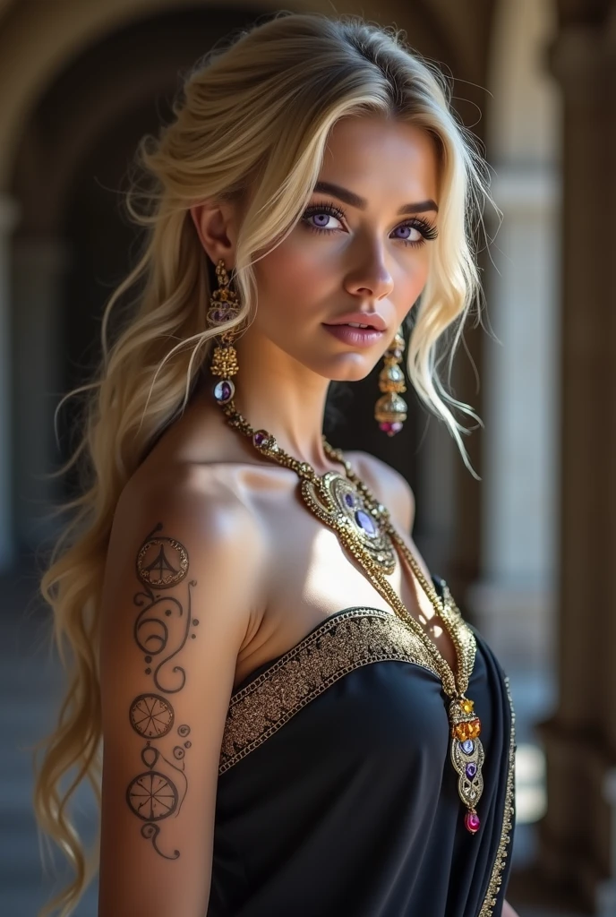 (masterpiece), best quality, expressive eyes, perfect face, 1 sexy model woman,long blonde hair, best texture quality, detailed textures, intricate, front focus BREAK, (( bright purple eyes)), blonde hair, taken hair, blue scrunchie, long hair, single braid,, medium breasts, medium chest, blonde hair, blue scrunchie, BREAK, ((depicted in royal black saree)), ((wearing many ornaments)), sarees look, ((REALISM)), (( runes and magic spells on his shoulder like scar)), perfect, feminine and beautiful body, medium bust, seductive and penetrating look
