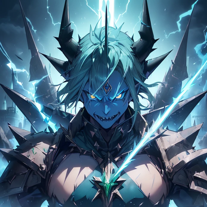(High Resolution, HD, High Quality), (Super Detailed, High Details), (Masterpiece), (Anime, Anime Style), (Character Design), high fantasy, epic dark demonic fantasy)(detailed background)(chaos)(warhammer aesthetic)
{{evil giant demon prince:(((blue demon skin, blue demon head, spiky yellow teeth, blue muscular neck, blue pointy demon ears, blue big demon electric wings, long demon pointy blue tail, vampire nose, long firm hornes, cull of electric demonic powerspiky jaw, evil demon laughter, (green demon armor, green shoulder plates, green hip armor, big electric demon sword,(electricity and lightning around the castle ruins)(menacing dictator pose, rising his sword up))}}