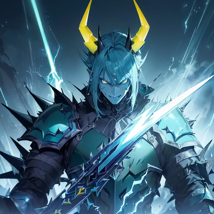 (High Resolution, HD, High Quality), (Super Detailed, High Details), (Masterpiece), (Anime, Anime Style), (Character Design), high fantasy, epic dark demonic fantasy)(detailed background)(chaos)(warhammer aesthetic)
{{evil giant demon prince:(((blue demon skin, blue demon head, spiky yellow teeth, blue muscular neck, blue pointy demon ears, blue big demon electric wings, long demon pointy blue tail, vampire nose, long firm hornes, cull of electric demonic powerspiky jaw, evil demon laughter, (green demon armor, green shoulder plates, green hip armor, big electric demon sword,(electricity and lightning around the castle ruins)(menacing dictator pose, rising his sword up))}}