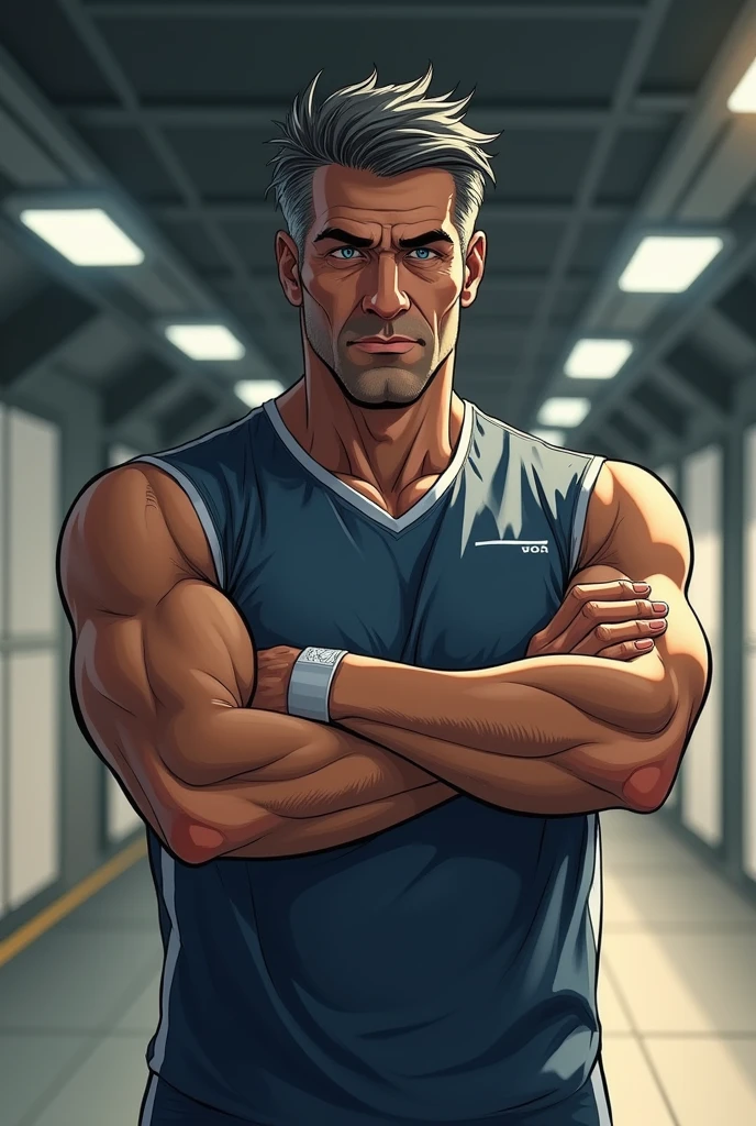 “((Manga art-style)) Generate a detailed image of a middle-aged male athlete representing a professional sports shooter, inspired by ((Yusuf Dikeç)). He has a robust and athletic build, standing with a confident and calm posture. His face shows strong, defined features with expressive eyes that reflect focus and determination. The man has short, slightly graying dark hair and is known for shooting with both eyes open, which should be highlighted in the image. He wears minimalistic sports gear, avoiding excessive accessories, embodying simplicity and natural talent. The setting should be a professional shooting range with subtle lighting that accentuates his poised and composed demeanor.”