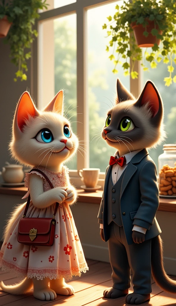 Cafe Background、Realistic image of a cat standing on two legs wearing a dress and holding a bag、Realistic image of a cat standing on two legs wearing a suit、Angle from the front、Two cats are side by side