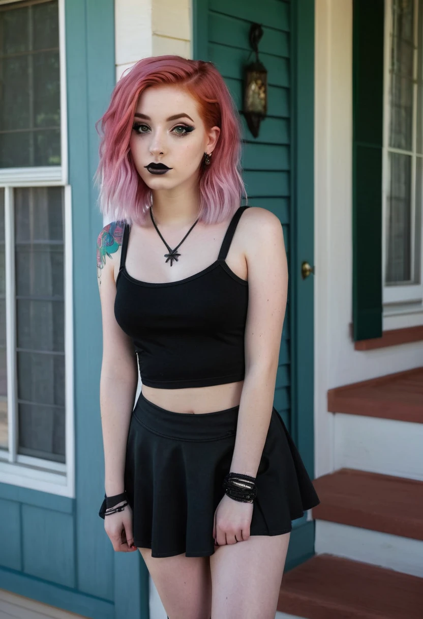 Front porch of suburban house, pastel goth, sexy goth girl, photo of cute 20 year old Italian redhead women, bare foot, short skirt, standing, full body picture, no lipstick, no tattoos, cinematic shot, hard shadows, photorealistic, cute face, looking at the viewer, photography, raw photo, white rainbow hair, detailed skin, sexy goth girl, face blush, front porch of suburban house, pastel goth, sexy goth girl, photo of cute 20 year old Italian redhead women, bare foot, short skirt, standing, full body picture, no lipstick, no tattoos, cinematic shot, hard shadows, photorealistic, cute face, looking at the viewer, photography, raw photo, white rainbow hair, detailed skin, sexy goth girl, face blush. Realistic, perspective, religious or mythological themes, highly detailed