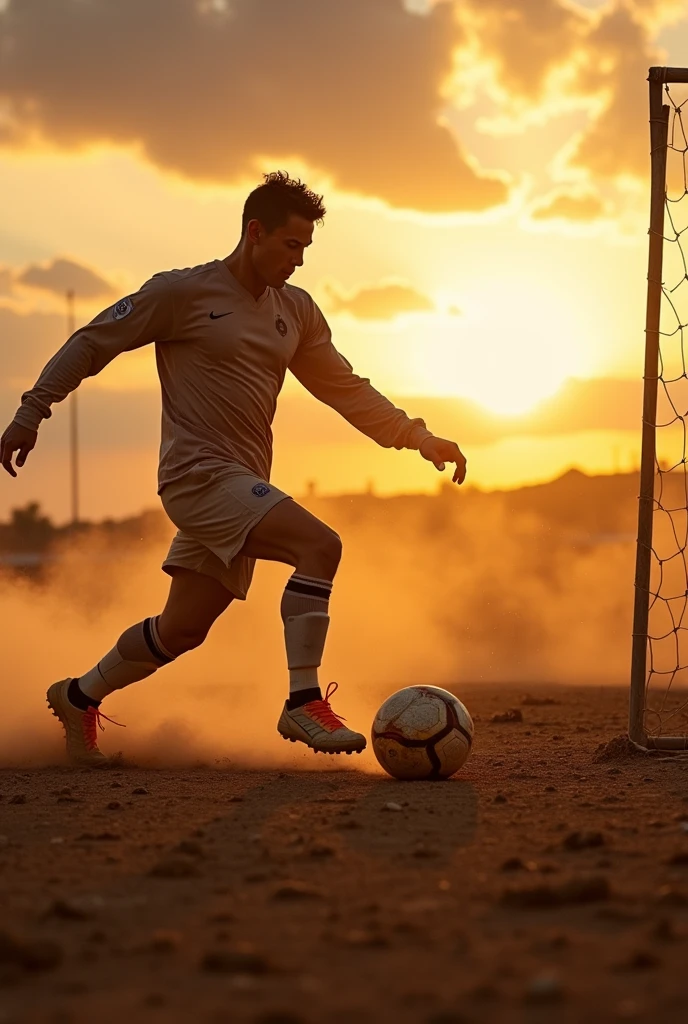 Cristiano Ronaldo playing on a dirt field kicking the ball towards the goal
