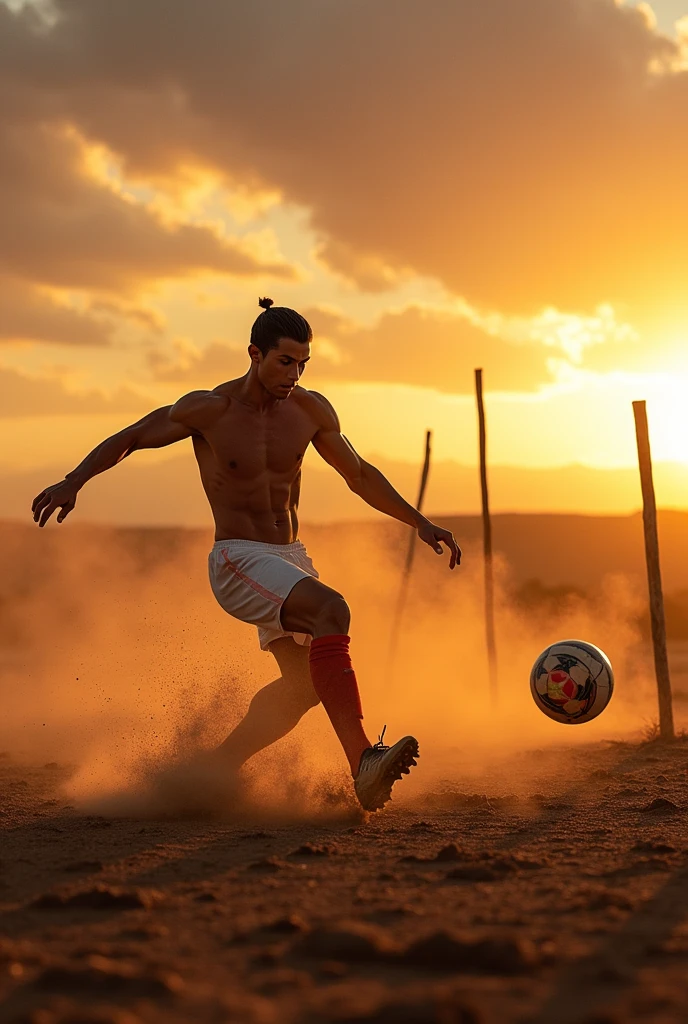 Cristiano Ronaldo playing on a dirt field kicking the ball towards the goal