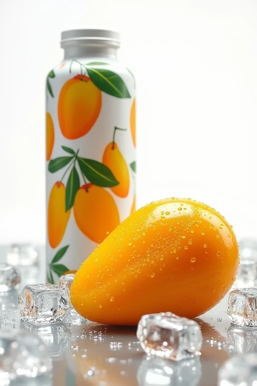 A microscopic depiction of a mango product, a package next to it, and pieces of soft ice scattered with water covering the bottle with magical touches, an isolated white background, white label on bottle, very realistic, ultra hd, 8k, detailed