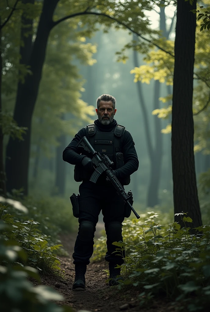 Soldier with a black uniform and a bit of beard and grey hair.also a rifle in the middle of a forest.