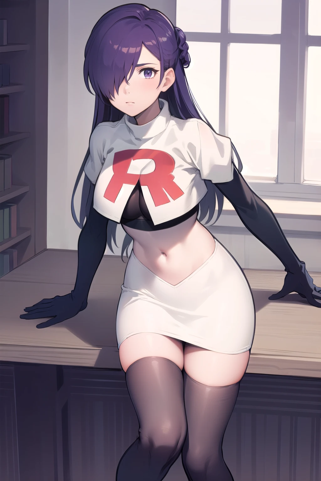 masterpiece, best quality, shez, hair over one eye, looking at viewer, team rocket,team rocket uniform,white skirt,red letter R,crop top,black thigh-highs,black elbow gloves