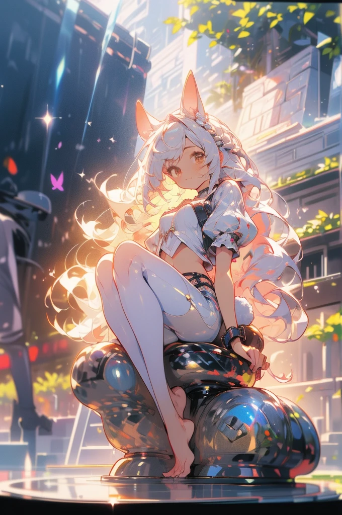 ((masterpiece,best quality)),1girl, solo, fit body, animal ears, rabbit, barefoot, sitting comfortably, leather pants, leather crop top, sitting, rabbit ears, short sleeves, looking at viewer, stone brick floor, large mansion in the background, long white hair, light smile, white hair, puffy sleeves, outdoors, puffy short sleeves, bangs, on the rim of a beautiful water fountain, full body, animal, white dress, sunlight, brown eyes, dappled moonlight, night, depth of field