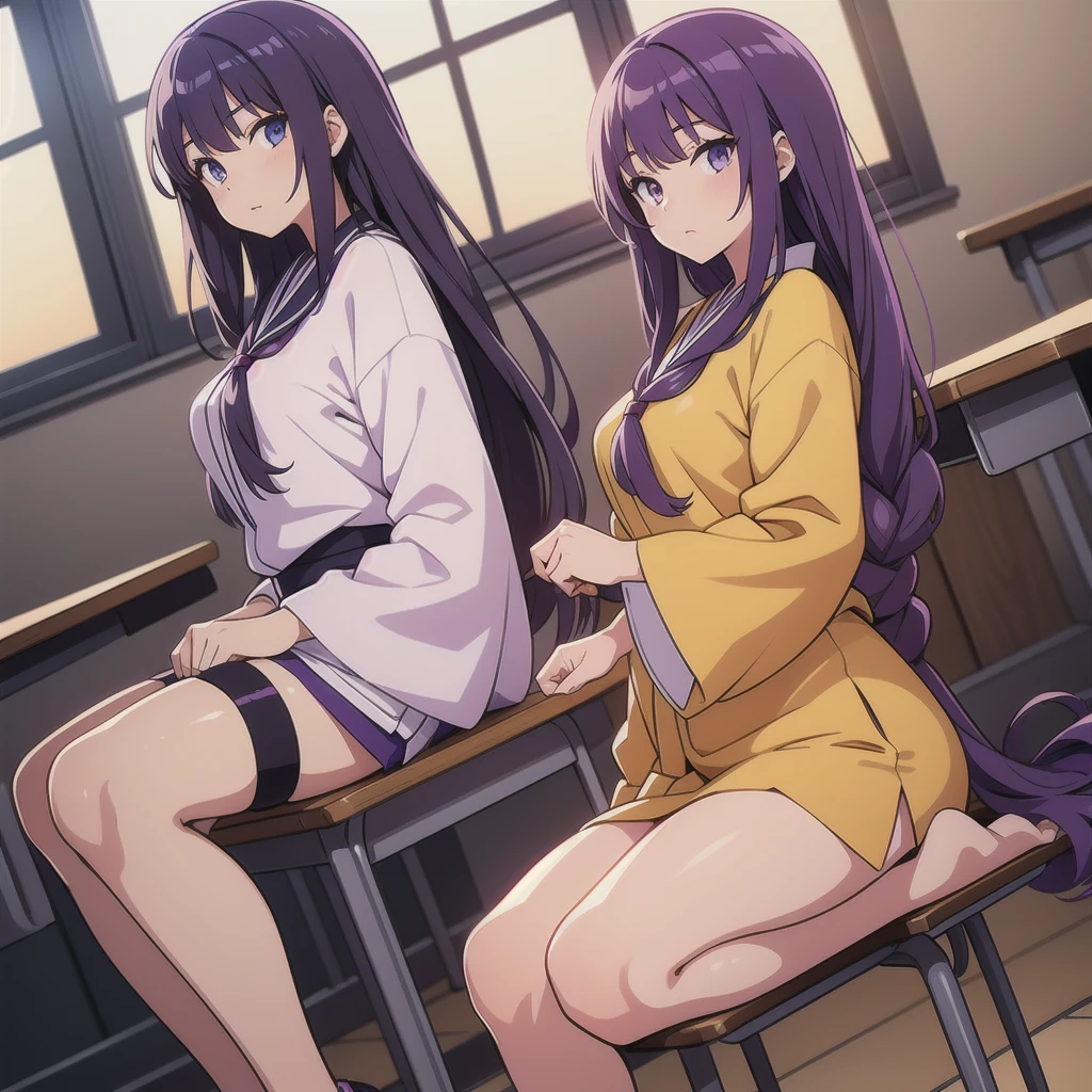 1 Girl, Long midnight purple hair, Golden light eyes, Sitting in the classroom, White modern school, Japanese cartoons