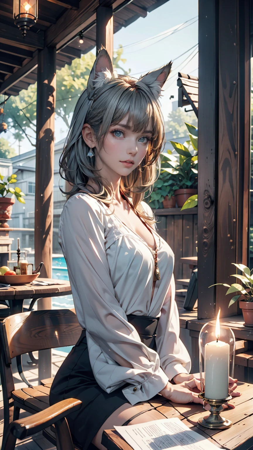 masterpiece, Highest quality,Very detailed,Hyper Details, cinematic Light,, One person, alone, sit, Outdoor, Summer House, sitting in the Summer House,  plant, table, chandelier, Candles, Wind, Green Eyes, Pangreen silver hair, short hair, animal_ears, animal_ear_Fluff, Floating Hair, Light, Light frown, profile,View your viewers, dynamic_angle