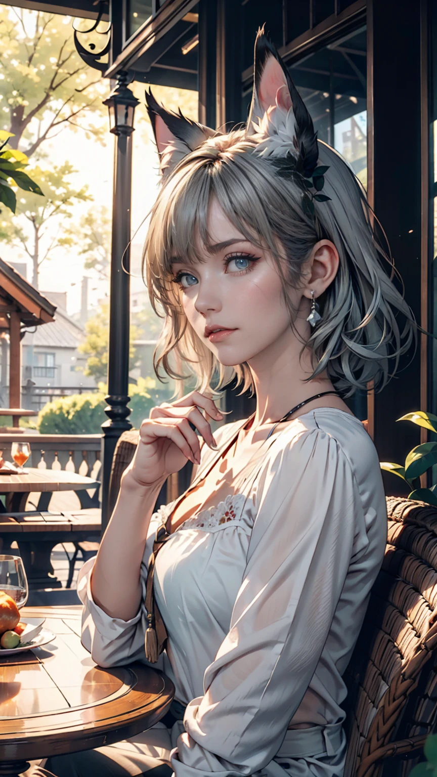 masterpiece, Highest quality,Very detailed,Hyper Details, cinematic Light,, One person, alone, sit, Outdoor, Summer House, sitting in the Summer House,  plant, table, chandelier, Candles, Wind, Green Eyes, Pangreen silver hair, short hair, animal_ears, animal_ear_Fluff, Floating Hair, Light, Light frown, profile,View your viewers, dynamic_angle