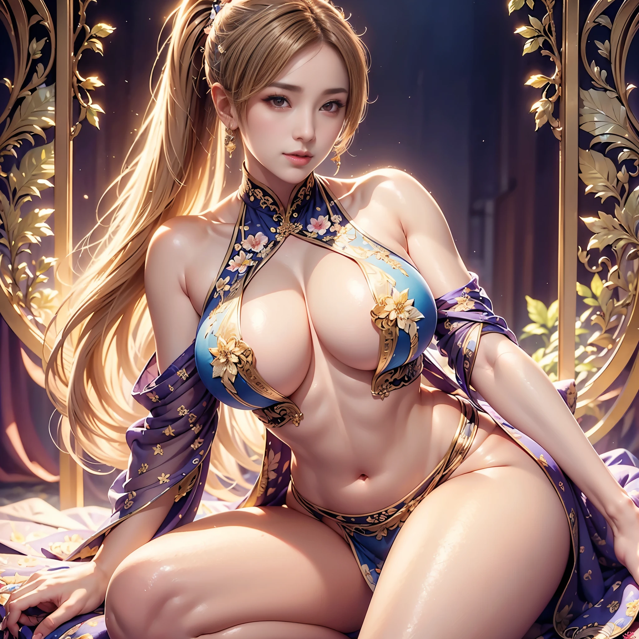 ((((masterpiece, Best Quality, High resolution)))), extremely detailed 8K, sexy Beautiful japanses teen girl with slim body, (Ultra HD, Ultra-detailed, Highly detailed, Highly realistic, Ultra-realistic, photos realistic), (1girl:1.5), blonde hair, short bob cut like, (dynamic poses), facing at camera, light smile, (huge breasts: 1.2), (beautiful detailed face, Beautiful detailed eyes), Anatomically accurate hands structure, Anatomically accurate fingers structure,(long sexy Glossy silk see-through japanese shrine maiden's attire,golden dragon embroidery:1.5), (front button of japanese shrine maiden's attire not fastned and breasts part widely open:1.5), Glow, Sweat, (rays of sunshine, Sunlight),(topless), sexy long legs, nakeness,bared chest,Sexy, Blushing,look up to the sky, (widely spacious royal palace garden:1.2), ultra realistic wide landscape, photogenic scenery, spot light on face