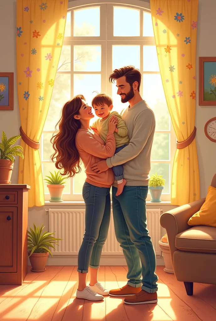 A mother and father hugging their daughter and son in a sunlit home in a drawing