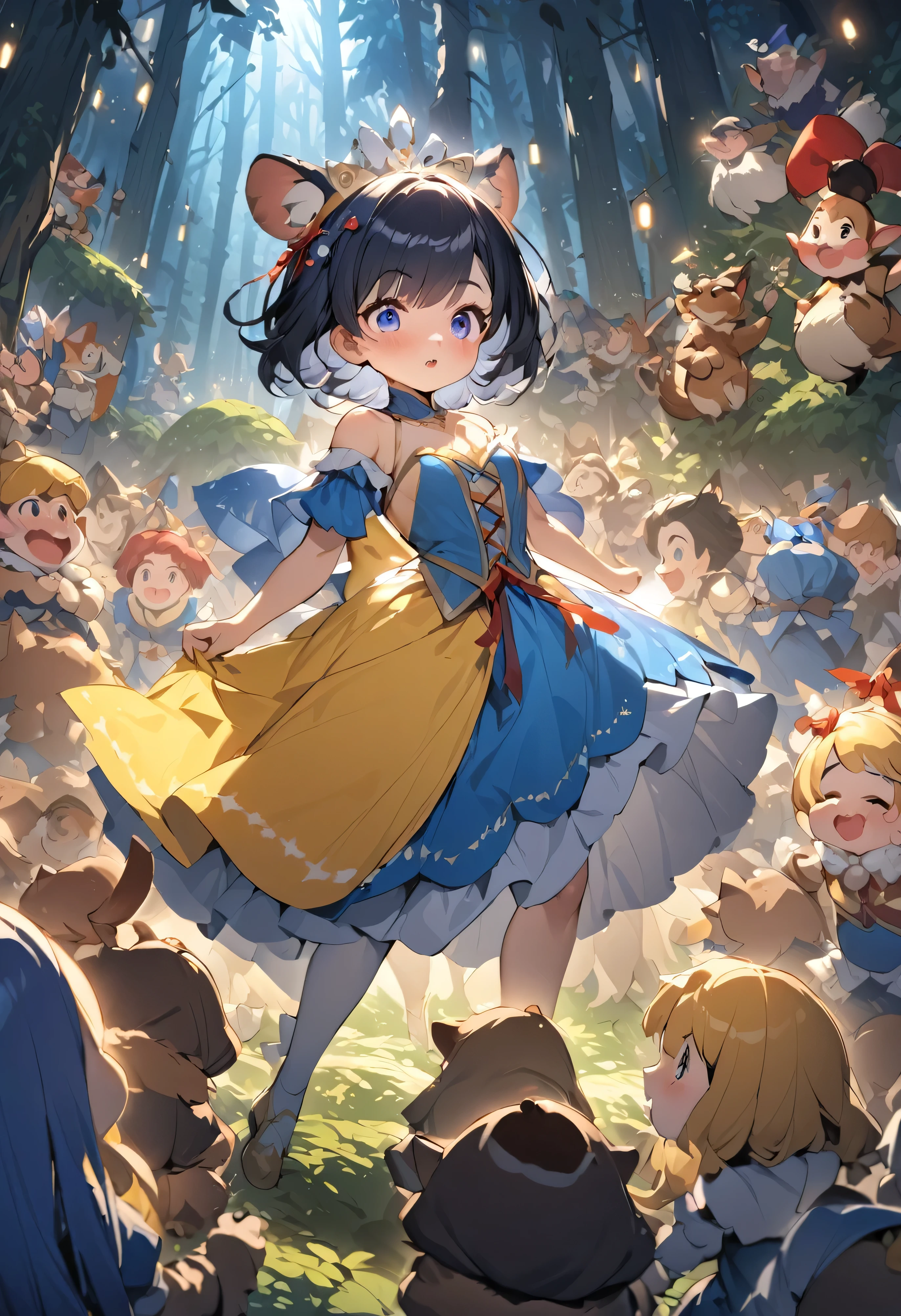 masterpiece, detailed, Crazy and fun illustration, Deep in the forest of medieval Europe, Cinema Lighting, The heroine is Snow White, The most beautiful girl in the world, Black bob hair, Red ribbon on her head, Blue dress with white shoulders and yellow skirt.She is in the middle of a crazy tea party with the seven dwarfs and forest animals..
