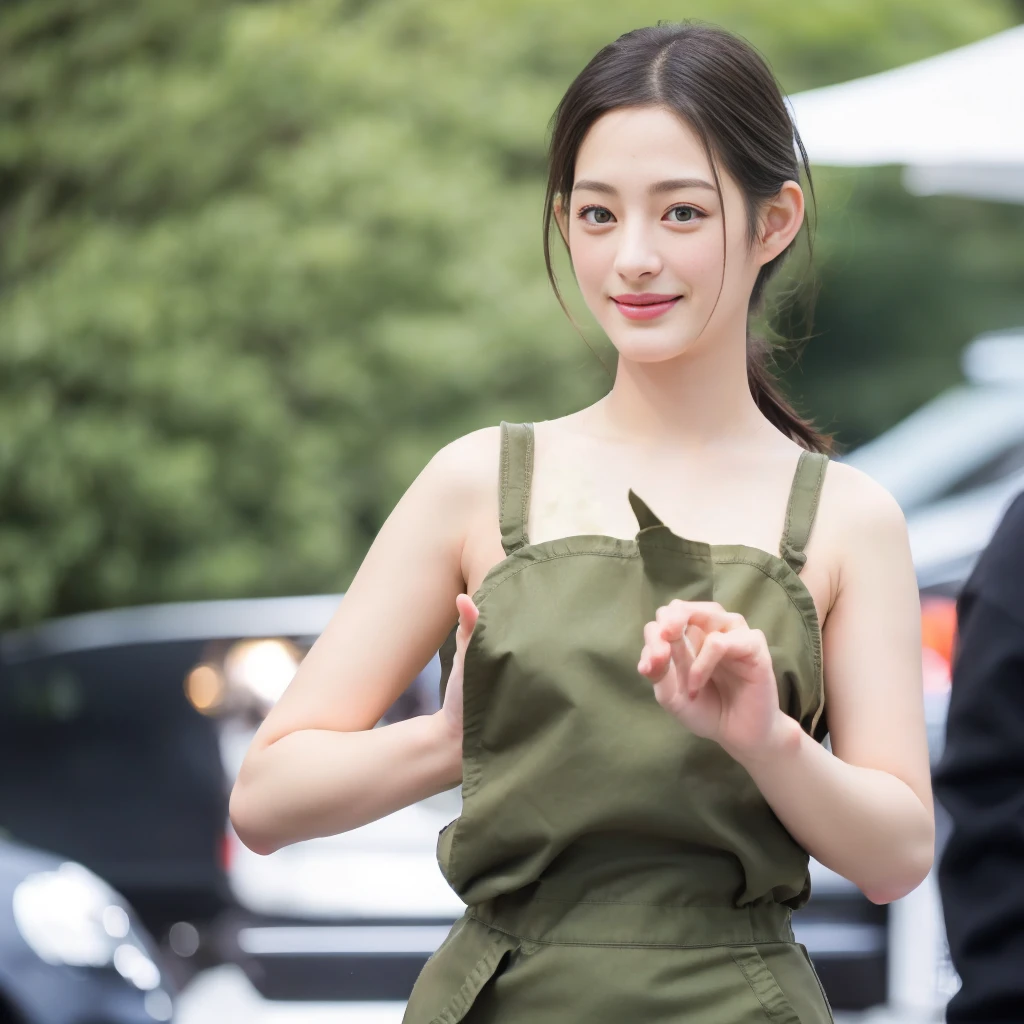 a gorgeous smiling cute Japanese woman in a olive green apron outfit, delicate facial features, porcelain-skinned, ponytail, a fusion of young Marion Cotillard's striking eyes and young Anne Hathaway's introspective gaze, long and slender cute face, Asian winged eyes, wavy nose, full wide lips, windy tousled very long straight black hair, reaching out her hand to the viewer and snapping her fingers, silhouette, bokeh, gourmet market background,