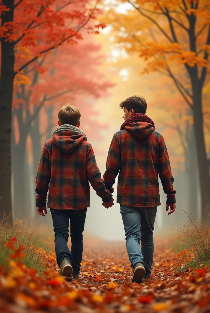 Two 18 year old teenage boys holding hands but also walking away from each other, You have to wear autumn clothes. There must be many autumn trees in the background. And the weather must be autumnal. There may also be a bit of fog. 