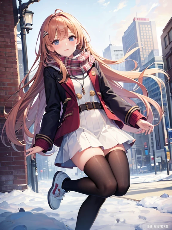 (Highest quality), (masterpiece), (Ultra-high resolution), whole body, One age Woman, Strawberry Blonde, long, mini skirt, Knee-high socks, Duffle coat , Winter scarf, City, winter, ((It's snowing)), (illumination), ((night))