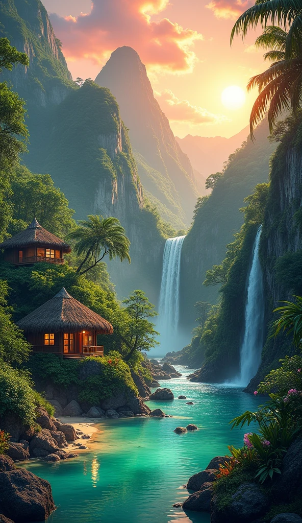 The main features of this image are: - Tropical atmosphere

 - Lush mountains and waterfalls with a tropical atmosphere
 - A tropical rainforest-like landscape with numerous palm trees
 - A relaxing atmosphere with two small wooden huts
 - A beautiful scene with lakes and waterfalls shining in the setting sun.
 - The vivid colors and detailed descriptions create a picturesque atmosphere, just like an illustration
