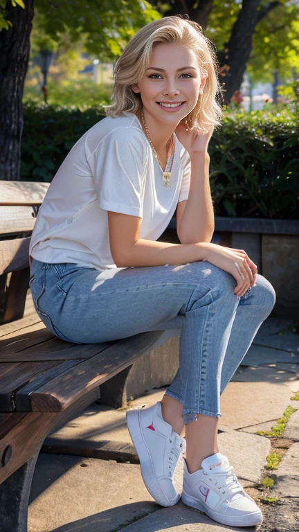 a beautiful young russian woman with short blonde wavy hair, sitting on a park bench, wearing a shirt, skinny jeans, and sneakers, with ear piercings and a necklace, smiling with beautiful teeth alignment, (best quality,8k,highres,masterpiece:1.2),ultra-detailed,(realistic,photorealistic,photo-realistic:1.37),intricate details,striking portrait,natural lighting,warm color tones,beautiful landscape background