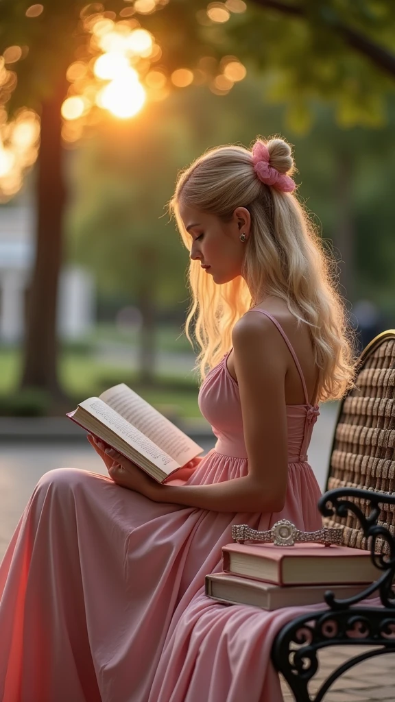 Generate hyper realistic image of a woman with long blonde hair, very long blonde hair Up to the waist, lleva puesto un vestido vaporoso rosa, estilo coquette, y un lazo en la cabeza, cartera de diseñador y libros. Esta sitting on a bench in a square, reading. Sunset, trees in the background. 