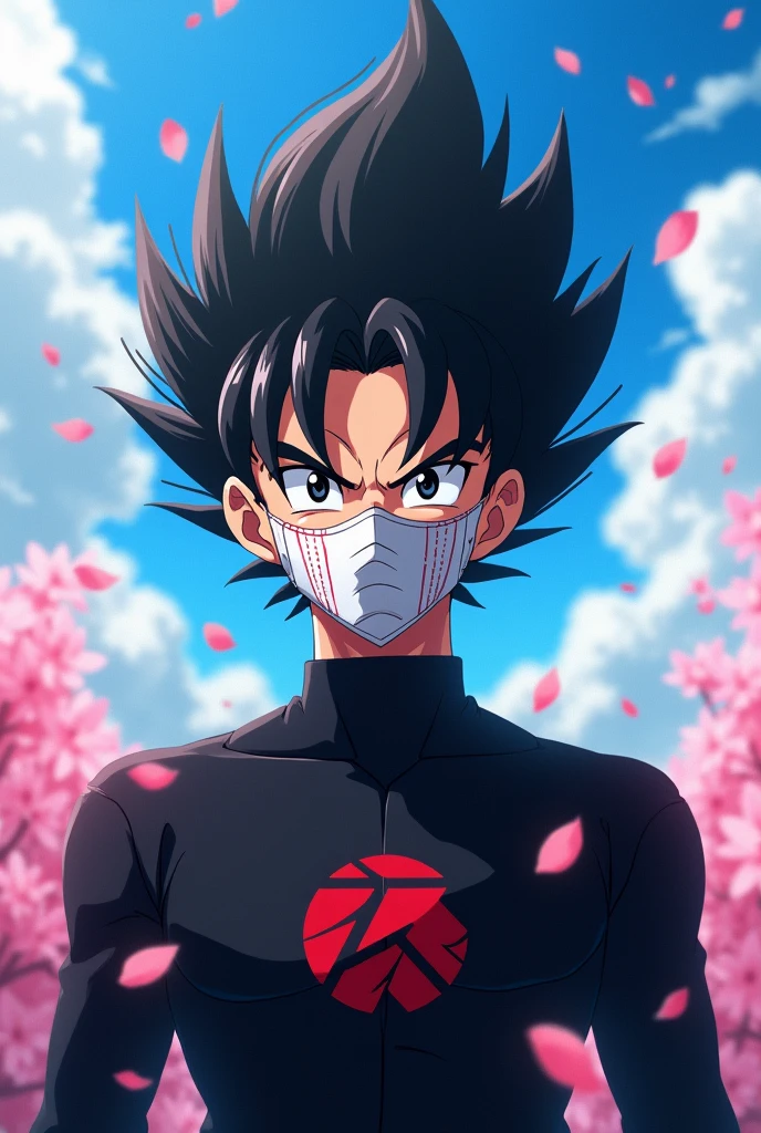 Goku black with a white anbu mask with some small red stripes that cover his entire face but you can see his hair and only his head and you write a logo with this name Grinyou. The mask has to cover his entire face, but it has to be Goku Black, it has to be daytime, and it has to be anime.
