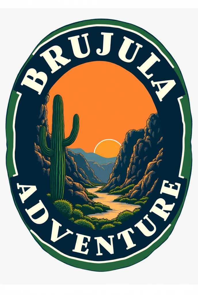 I want a circular logo where it has a thick navy blue border inside the white letters that say "Brujula Adventure" around the edge, Then inside another thinner border of green and inside the circle that is orange and has an illustration of some Quibor ravines with a single cactus (that says Quibor somewhere)