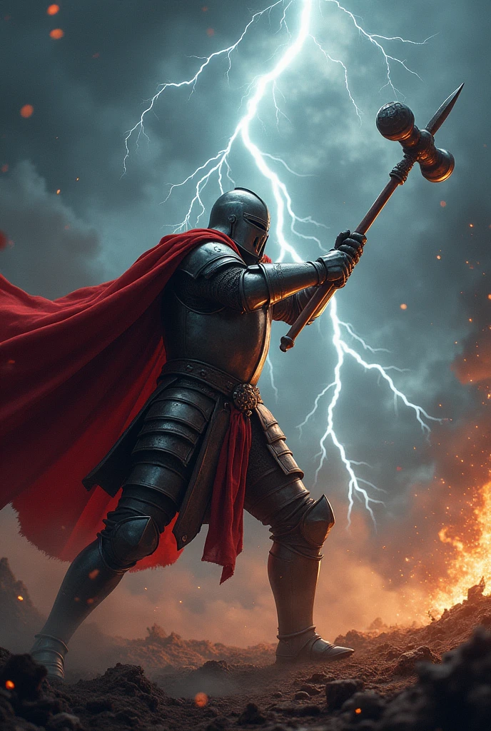 masterpiece、Highest quality、Very detailed、Ultra-high resolution、Two-handed hammer、middle ages、knight、swing、Crash、Lightning strikes、Aura of Light