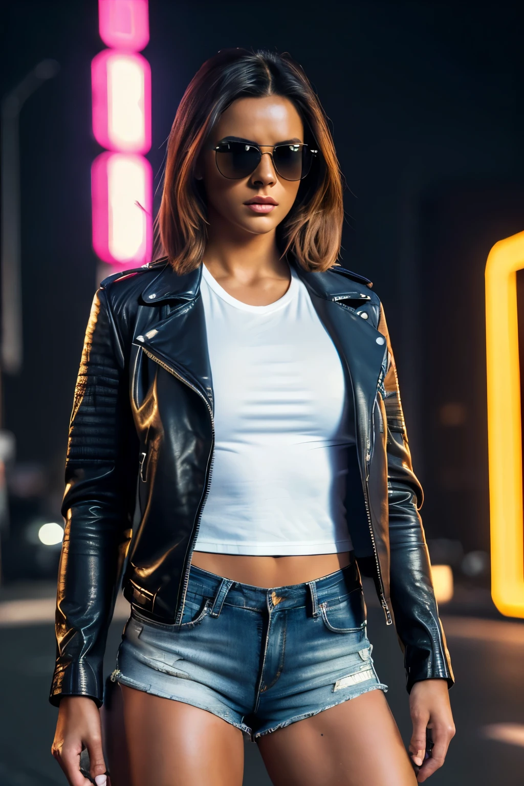 1 woman wearing sunglasses, leather jacket, white t shirt, short shorts, detailed large buttocks, detailed muscular thighs, detailed small waist, (best quality,4k,8k,highres,masterpiece:1.2),ultra-detailed,(realistic,photorealistic,photo-realistic:1.37),portrait,fashion,high contrast,dramatic lighting,cinematic,neon colors