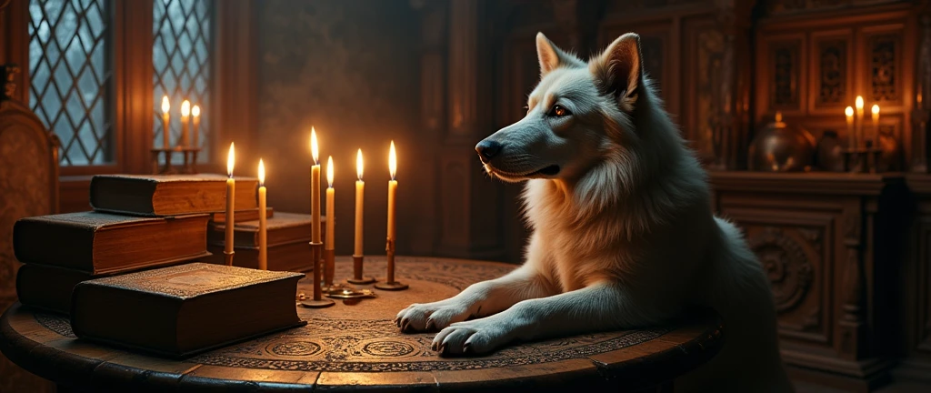 give me a daddy dog ​​on two 1800s mystical temple table with old books nearby with his eyes glowing slightly 5 candles on the table in the distance