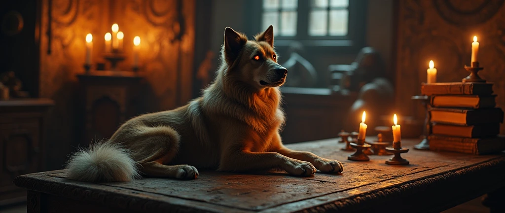 give me a daddy dog ​​on two 1800s mystical temple table with old books nearby with his eyes glowing slightly 5 candles on the table in the distance