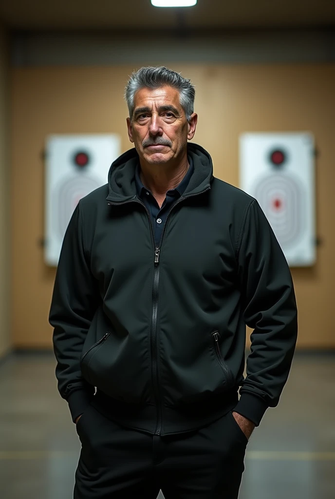 “((Manga art-style)) Generate a detailed image of a middle-aged male athlete representing a professional sports shooter, inspired by ((Yusuf Dikeç)). He has a robust and athletic build, standing with a confident and calm posture. His face shows strong, defined features with expressive eyes that reflect focus and determination. The man has short, slightly graying dark hair and is known for shooting with both eyes open, which should be highlighted in the image. He wears minimalistic sports gear, avoiding excessive accessories, embodying simplicity and natural talent. The setting should be a professional shooting range with subtle lighting that accentuates his poised and composed demeanor.”
