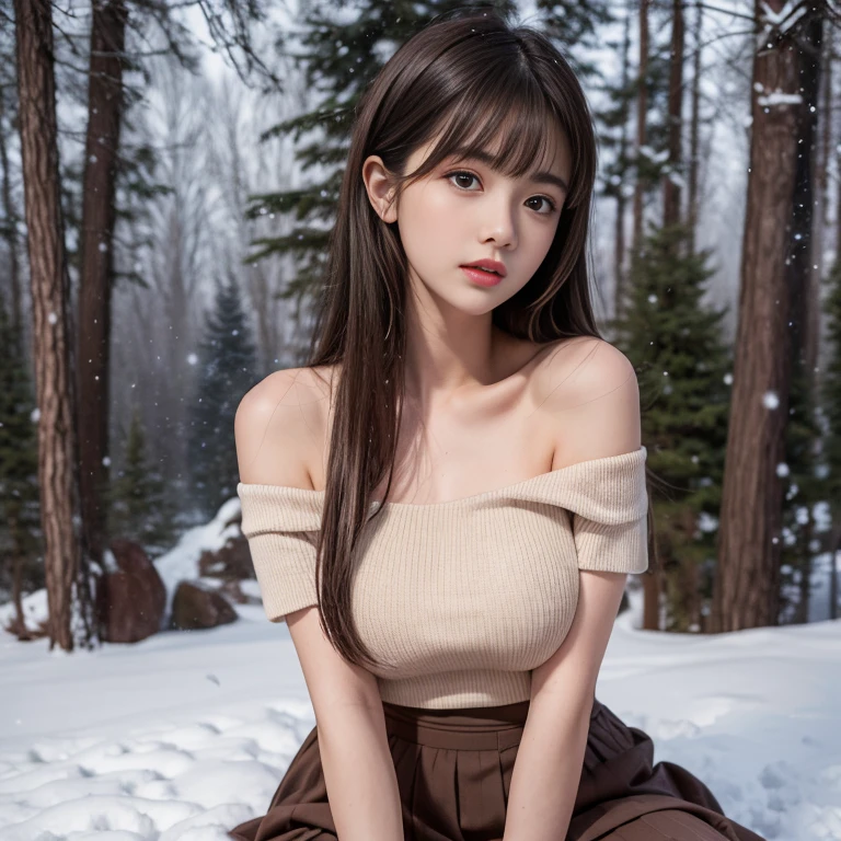 long skirt,skirt, (knee shot), 1 woman, On the face, light brown hair, blunt bangs, hair behind ears, Hair over the shoulders, long hair, Slender body type, Super thin face, face slimming, delicate lips, beautiful eyes, Thin blush, Eyes are light brown,Check it out here, (realistic:1.3), There is a coniferous forest with heavy snow., It's snowing .One person's perspective, 8k, On the table, , Super detailed, high quality, best quality, High resolution, ，Large Breasts，H CUP, off -shoulder top