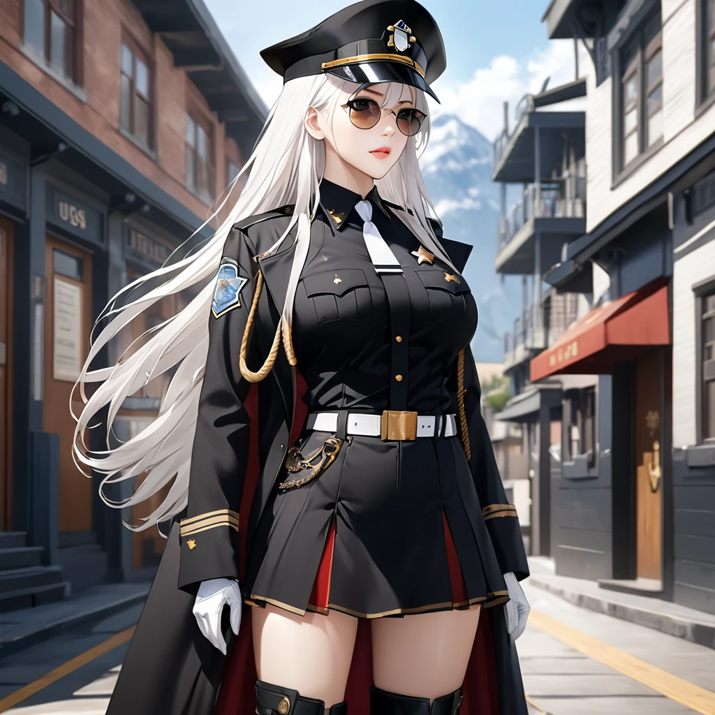 A woman wearing a black sheriff uniform, black coat, sheriff on the chest, large breasts, black skirt, black leather boots, black cowgirl hat with gold details, sunglasses, white hair, long hair, serious face, on the outside of an old Faroest police station,an eagle with its legs over its shoulders, perfect face, perfect lips, daytime location, standing, background with mountains.(Azur_lane, USS_Enterprise).UHD, masterpiece, accurate, anatomically correct, textured skin, super detail, high quality, best quality, 8k, high resolution, bokeh effect.(solo woman),white gloves, realistic, close view.
