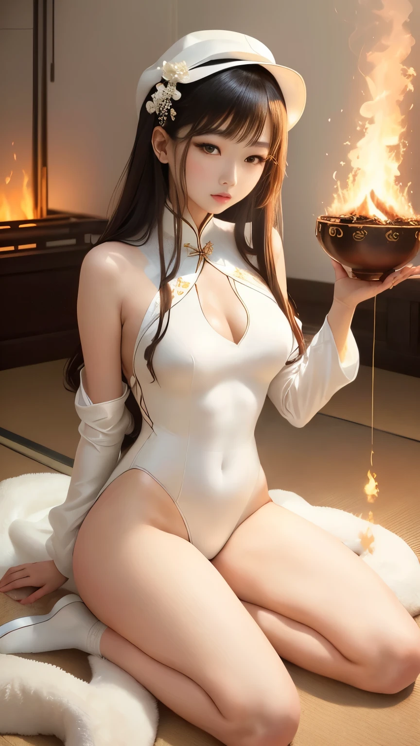 A woman with a giraffe pattern wearing a white dress、Sitting on the floor with fire in the background, Smooth white tight clothing suit, Dressed in white, Gorgeous Young Korean Woman, Gorgeous Chinese Model, 美しいDressed in white, Japanese Goddess, Beautiful Korean Women, Korean, Beautiful Asian, Wearing a white leotard, It's hot with the shining sun, Dressed in white