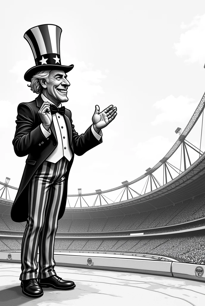 create an image of the 1984 olympic stadiums with uncle sam in front in black and white in dashed animation