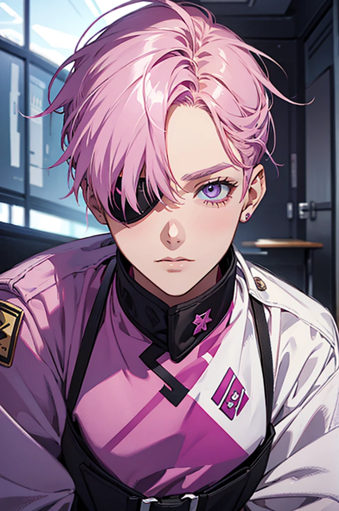 teenage boy, pink hair, lilac eyes, right eye patch, patch rhombus symbol, office uniform