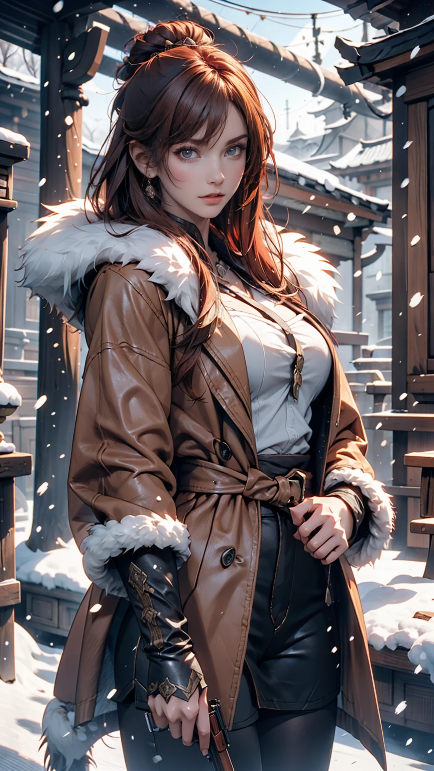 Hunting girl with rifle in combat pose in snow,Oriental,Blade and Soul,Ink Style,Long Red Hair,Leather and fur coats,cold,artwork,3d,4K,detailed,Realistic