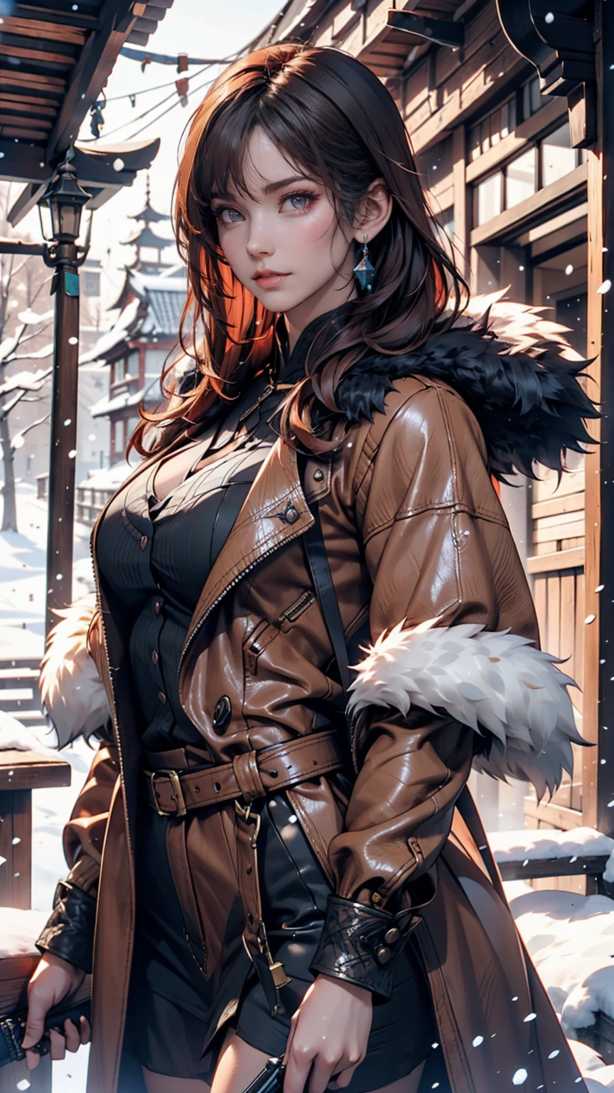 Hunting girl with rifle in combat pose in snow,Oriental,Blade and Soul,Ink Style,Long Red Hair,Leather and fur coats,cold,artwork,3d,4K,detailed,Realistic