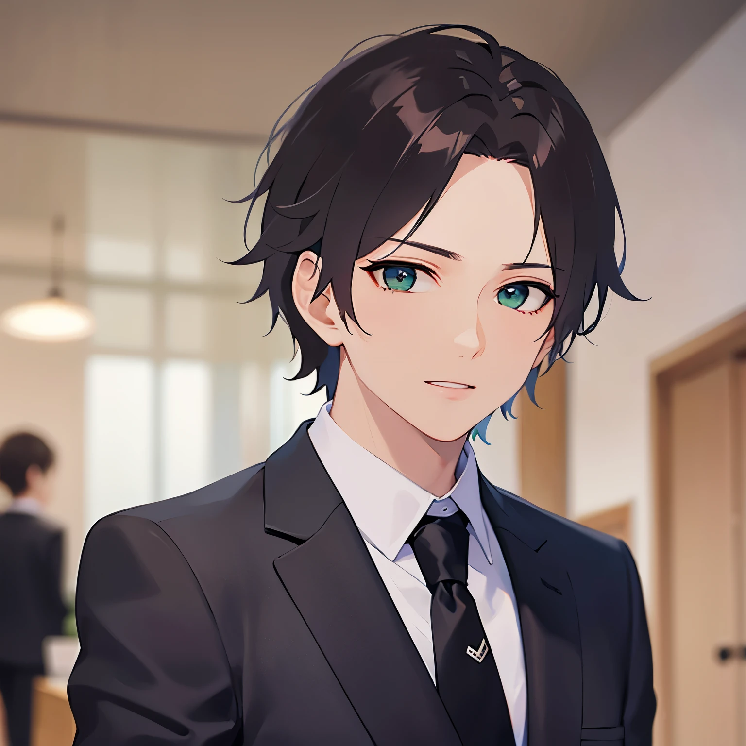 (looking at viewer:1.5)Upper Body, Side shot、
shiny skin, masterpiece、Highest quality、
BREAK(25-year-old male:1.5) and (Brown short hair) and (Green Eyes)BREAK
BREAK (Wearing a suit:1.5) and (Green tie)BREAK
smile,Background in the office、Are standing、(alone:1.5)