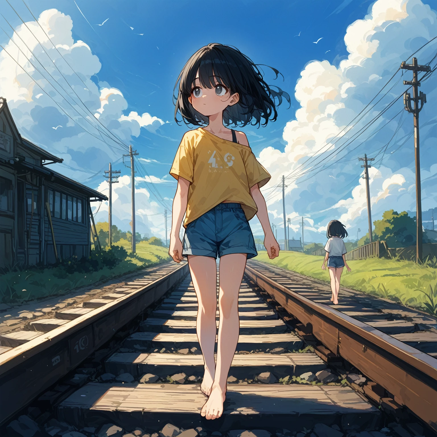 score_9, score_8_up, score_7_up, score_6_up, score_5_up, score_4_up, masterpiece, best quality, source_アニメ,2d、flat、1girl, 、black hair,longhair is short-sleeved、Shorts、 Look to the side、blue sky、Old railway、electric wire、barefoot