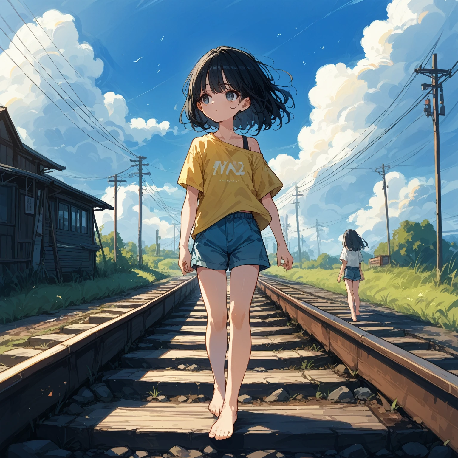 score_9, score_8_up, score_7_up, score_6_up, score_5_up, score_4_up, masterpiece, best quality, source_アニメ,2d、flat、1girl, 、black hair,longhair is short-sleeved、Shorts、 Look to the side、blue sky、Old railway、electric wire、barefoot