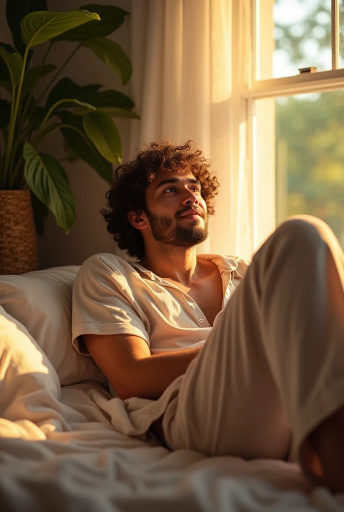(photorealism:1.2), a man, curly hair, sitting on bed, wearing loose off-shoulder top, pajama pants, curly hair, indoors, soft lighting, plants in background, window with sunlight, cozy room, relaxed pose, realistic, intricate details, warm colors, by Greg Rutkowski, by Alphonse Mucha