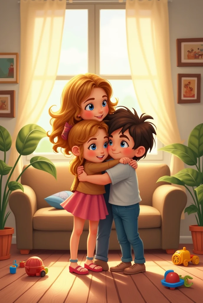 A mother and father hugging their daughter and son in a sunlit home in a drawing