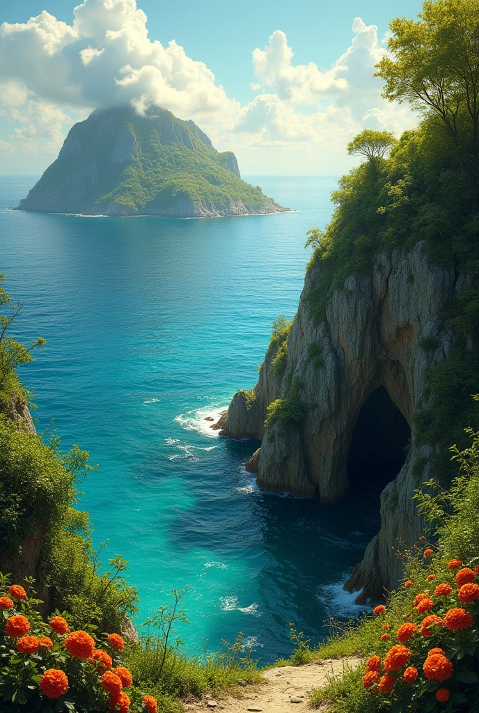 distant view of an island with a small entrance to a cave